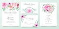 Elegant floral wedding invitation card template set with purple and pink flowers, leaves decoration. Botanical card background