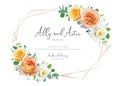 Elegant, floral wedding invite, save the date card. Delicate peach orange, white yellow garden rose flowers, green eucalyptus Royalty Free Stock Photo