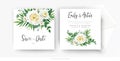 Elegant floral wedding invite, save the date card vector template set. Tender white yellow rose, beauty camellia flowers, greenery