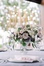 Elegant flowers in a glass vase decorate a wedding table for guests of the groom and bride in the restaurant Royalty Free Stock Photo