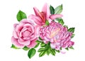 Elegant flowers in watercolor, bouquet of roses, lilies, chrysanthemums Royalty Free Stock Photo