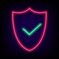 Neon security shield with Check mark. Safety or approve concept with neon light shield and glowing sign of checkmark. Vector Royalty Free Stock Photo