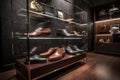 elegant footwear collection on high-end display with luxurious details and textures