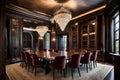 An elegant formal dining room adorned with a statement crystal chandelier,