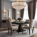 An elegant formal dining room with a grand chandelier and plush upholstered chairs3