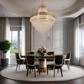 An elegant formal dining room with a grand chandelier and plush upholstered chairs2