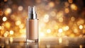 Elegant foundation bottle on reflective surface with festive lights. Generative AI Royalty Free Stock Photo