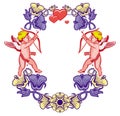 Elegant frame with Cupid, decorative flowers and hearts. Raster clip art.