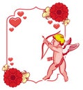 Elegant frame with Cupid, decorative flowers and hearts. Raster clip art.