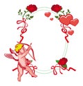 Elegant frame with Cupid, roses and hearts. Raster clip art.