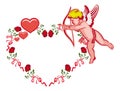 Elegant frame with Cupid, roses and hearts. Raster clip art.