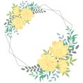 Elegant frame with yellow flowers and leaves. Round wreath for invitation or background. Place for signature, postcard template. Royalty Free Stock Photo