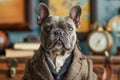 Elegant French Bulldog in Stylish Tweed Jacket Sitting in a Vintage Office Interior with Antique Globes and Clock Royalty Free Stock Photo