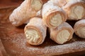 Elegant french cream horn pastries. Delicious cream horns Royalty Free Stock Photo