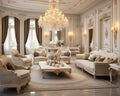 An Elegant French Living Room: A White Baroque Chandelier, Beige Throne, and Large Glass Windows in a Spacious Apartment