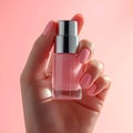 Elegant French manicure hand holds a bottle of pink polish