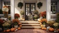 an elegant front porch with potted mums, seasonal gourds, and a wreath, beautifully decorated to celebrate the arrival