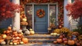 an elegant front porch with potted mums, seasonal gourds, and a wreath, beautifully decorated to celebrate the arrival