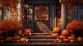 an elegant front porch with potted mums, seasonal gourds, and a wreath, beautifully decorated to celebrate the arrival