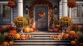 an elegant front porch with potted mums, seasonal gourds, and a wreath, beautifully decorated to celebrate the arrival