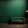 Elegant interior in dark green color with copy space on wall and leather sofa. Minimalist classic mock up room. Generative AI