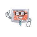 An elegant frozen salmon Businessman mascot design wearing glasses and tie