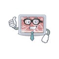 An elegant frozen smoked bacon Businessman mascot design wearing glasses and tie