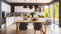 Elegant Fusion, Unveiling the Stylish Interplay of Design in a Modern Kitchen with Dining Table. Generative AI