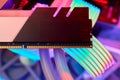 Elegant gaming hardware, High-performance RAM with cooling system, Premium illuminated memory module for gaming PCs, Sleek neon Royalty Free Stock Photo