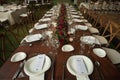 Elegant garden wedding table decoration with large natural flowers and roses centerpiece