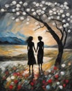 elegant gay couple in love walking by hand, sunset time, digital painting, white and indigo brush strokes