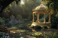 Elegant gazebo by a serene pond in sunlight Royalty Free Stock Photo