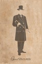 Elegant gentleman with a cane, on an old sheet of paper.