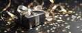 The elegant gift box adorned with a golden ribbon and confetti backdrop..AI generated image Royalty Free Stock Photo