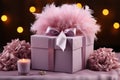 Elegant gift box adorned with textured bow and feathers on lilac