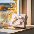 Elegant Gift Box with Bow Sitting on Sunny Window Ledge Royalty Free Stock Photo