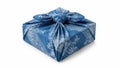 Elegant gift box wrapped in blue patterned paper, isolated on white background Royalty Free Stock Photo