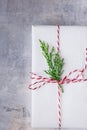 Elegant Gift Box Wrapped in White Paper Tied with Red Ribbon Green Juniper Twig. Christmas New Years Presents Shopping Sale. Royalty Free Stock Photo