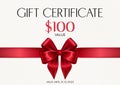 Elegant Gift Certificate with Silk Red Bow and Ribbon. Vector Illustration. EPS10