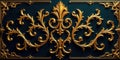 Elegant gilded fleur-de-lis and scrollwork panel design, richly detailed ornate frame on deep teal background. Generative AI Royalty Free Stock Photo