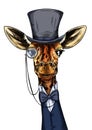 Elegant giraffe dressed in suit, monocle and hat