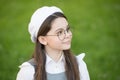 Elegant girl french style outfit beret hat, smart schoolgirl concept
