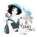 Elegant girl in Italy. Venice.Travel. Vector. Watercolor stains