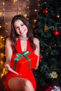 Elegant girl in red dress with gift box near christmas tree Royalty Free Stock Photo