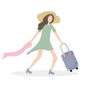 Elegant girl with a suitcase goes on a journey, towards adventure. she runs to the airport or train station, in a hurry.  She wear Royalty Free Stock Photo