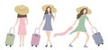 Elegant girls with a suitcase go on a trip, they will have an unforgettable holiday. In a beautiful dress, high heels shoes and a