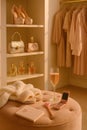 Elegant glam dressing room interior with champagne and accessories Royalty Free Stock Photo