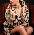 Elegant and Glamorous Woman in Colorful Fur Coat, Posing in Red Chair