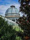 an ornate glass greenhouse surrounded by plants in front of a blue sky Royalty Free Stock Photo