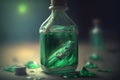 Elegant glass jar with green liquid close-up. Illustration for advertising perfumes, natural cosmetics, herbal medicines